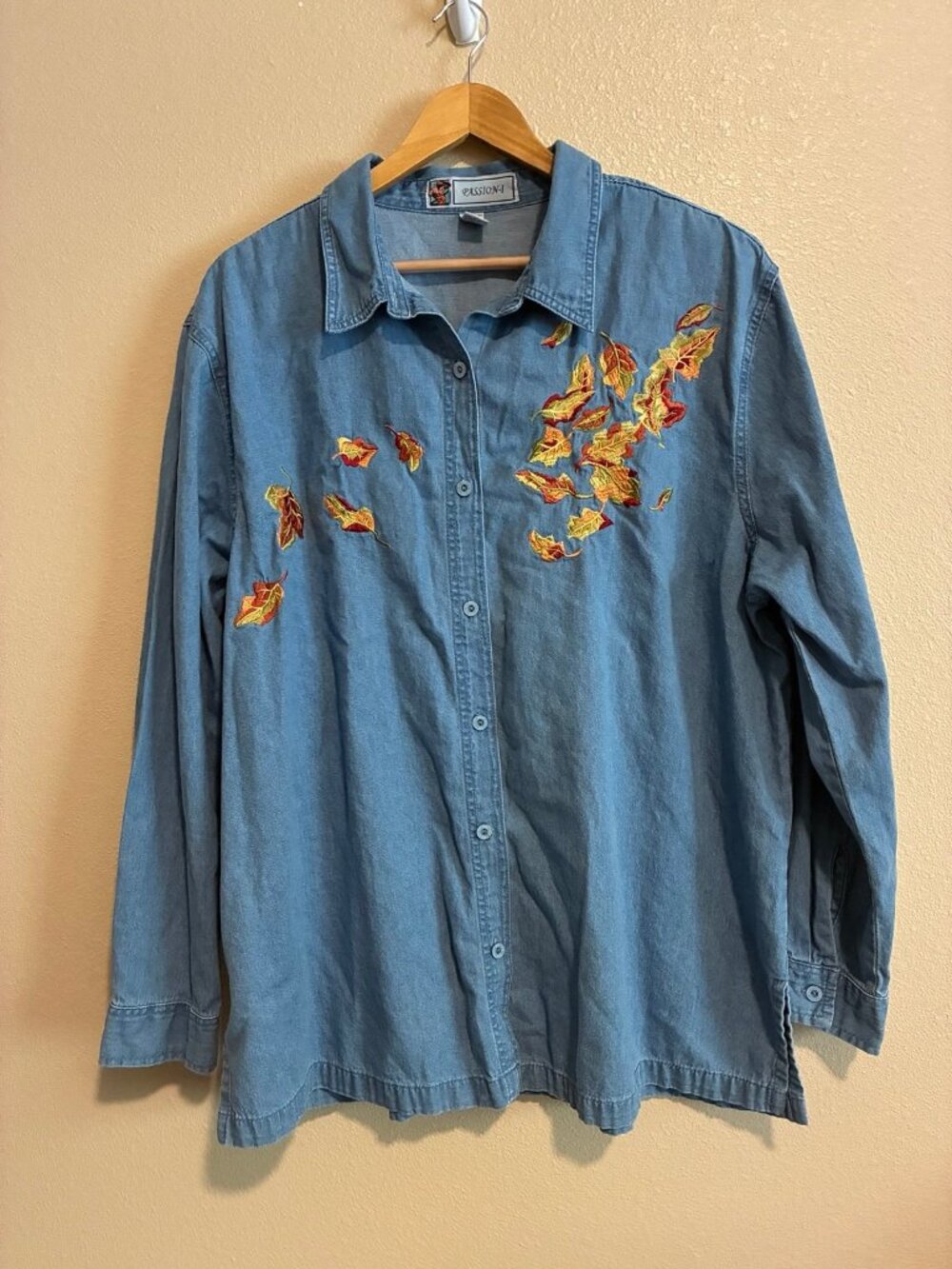 Vintage Passion Women's Blue Denim Long Sleeve Leaf Fall Harvest Top Size 1X